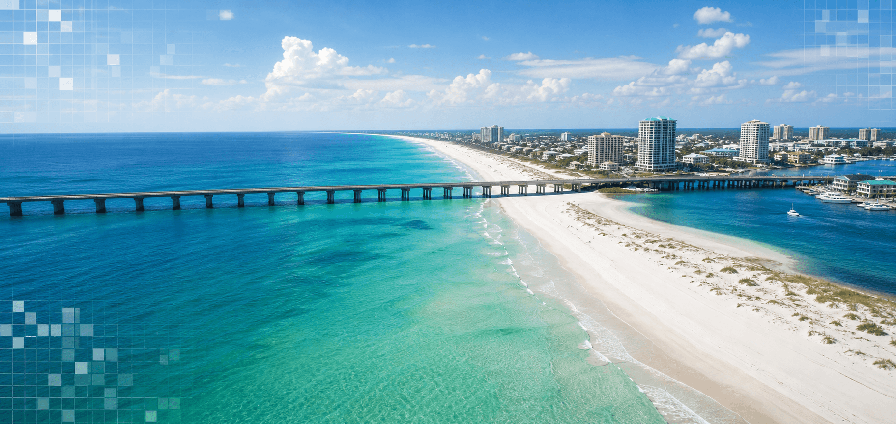 Florida Panhandle coastline with turquoise water and pixel grid detail